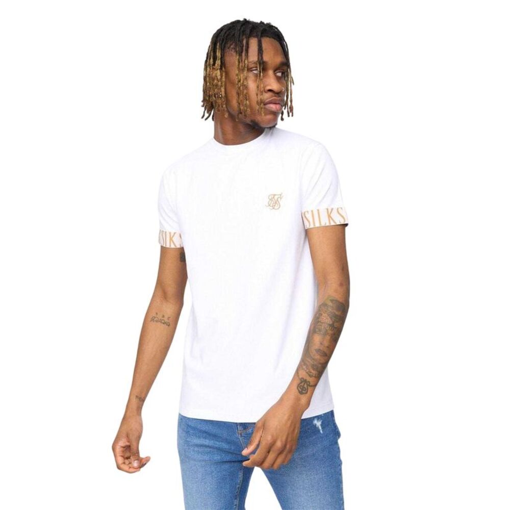 SikSilk Mens Tech Logo Branded Sleeve T-Shirt / White